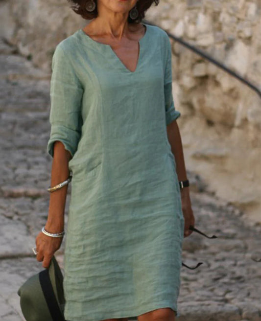 Vestido Largo de Lino con Mangas 3/4 y Escote en V